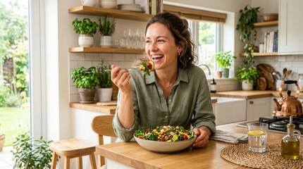 Woman Enjoying Healthy Salad Lunch at Bright Home Kitchen