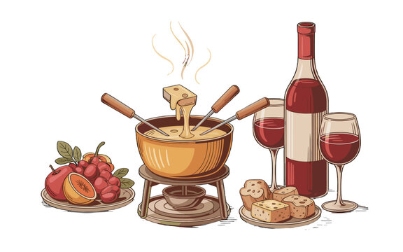 A delicious cheese fondue served with bread, fruit, and red wine.