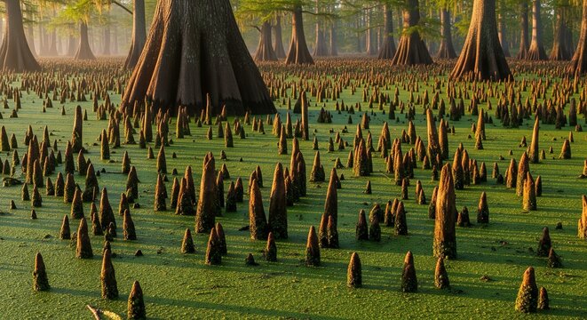 A close-up wide view of a swamp field covered in hundreds of small cypress knees pointing upward. The ground is bright green from duckweed