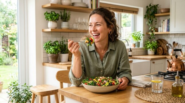 Woman Enjoying Healthy Salad Lunch at Bright Home Kitchen