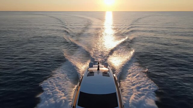 Aerial Boat Cruising at Sunrise Creating Wake Across Calm Sea.