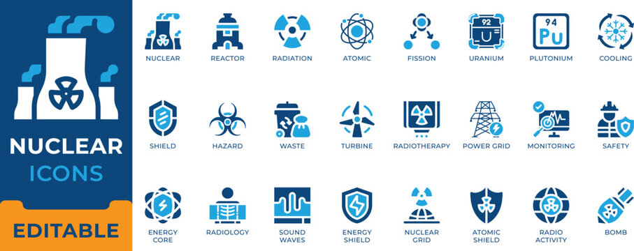 Nuclear Energy Atomic Power Reactor Radiation Science Hazard Radiology Defense Grid Vector Icon Set