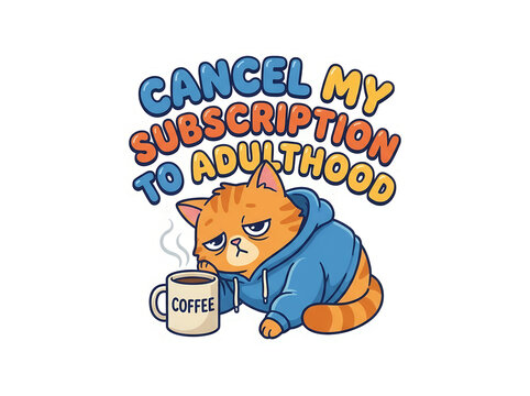 Funny cat in hoodie, cancel adulthood, humorous coffee mug, cartoon feline illustration, quirky humor, relatable meme isolated on Transparent Background