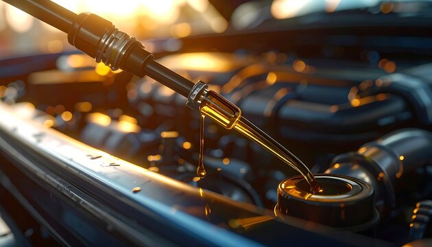 Close-up of a fuel nozzle pouring golden liquid into an engine component. Soft sunlight illuminates the machinery