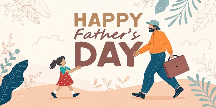Happy fathers day cartoon father and daughter walking together holding hands festive illustration
