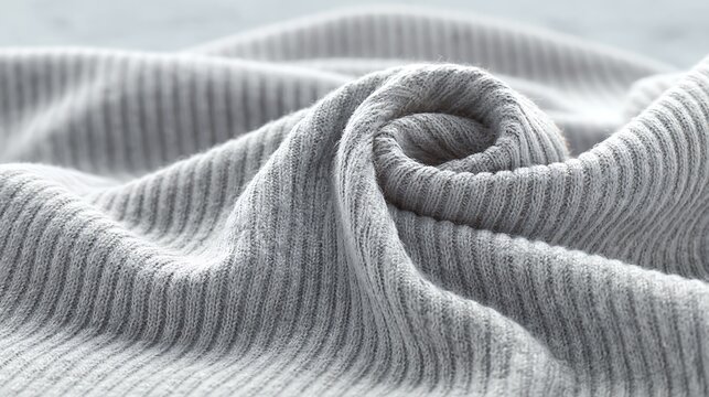 Heather gray ribbed fabric close-up, fine ribbing lines, stretchy cotton material, overcast natural light, modern minimalist backdrop