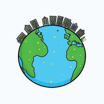 Earth Globe with City Buildings.