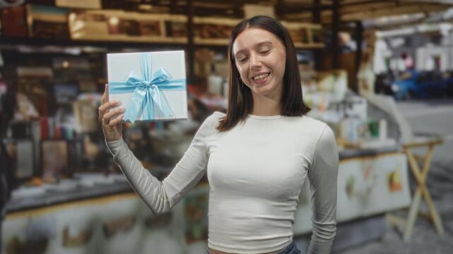 Woman young hispanic wearing white long sleeve top holding wrapped gift box with blue ribbon, presenting it with raised hand in a street stall; celebration joy.