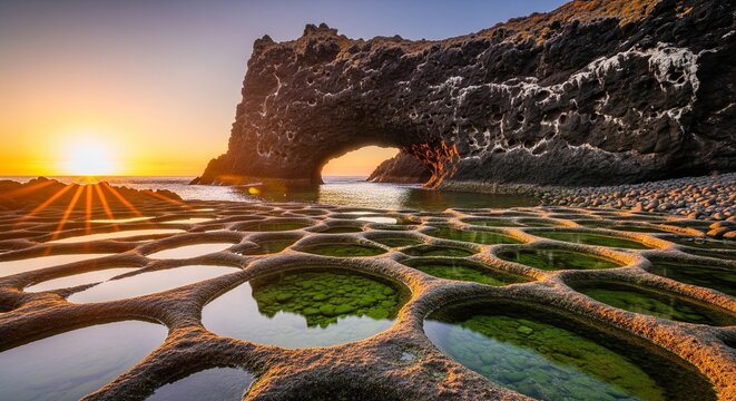A beautiful coastal landscape at sunset. In the foreground, there are unique round rock tide pools filled with green moss and water. In the background