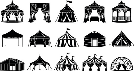 Outdoor Event Pavilions Marquees and Camping Tents Solid Silhouette Icon Set featuring Circus Big Top Gazebo Yurt and Geodesic Dome Vector Graphics © Alexy!