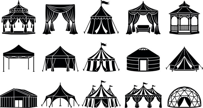 Outdoor Event Pavilions Marquees and Camping Tents Solid Silhouette Icon Set featuring Circus Big Top Gazebo Yurt and Geodesic Dome Vector Graphics