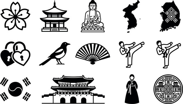 Traditional South Korean Cultural Heritage and National Symbol Icon Set featuring Gyeongbokgung Palace, Taekwondo, Hanbok Dress, Mugunghwa Flower, and Flag Vector Graphics