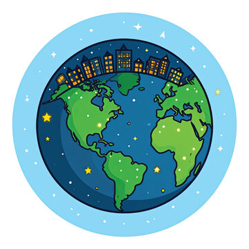 Green continents on blue globe.