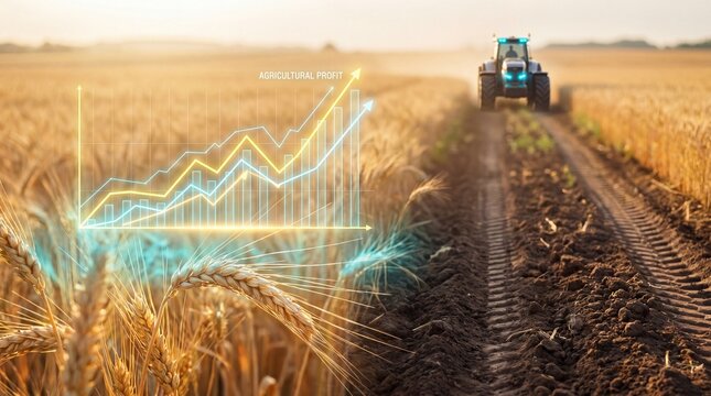 A bundle of ripe wheat on soil at sunset with glowing upward financial graph showing business growth