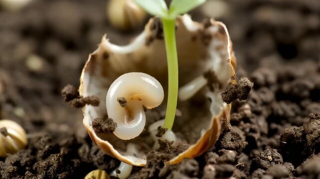 Emerging Sprouts From Nut Shells In Soil.