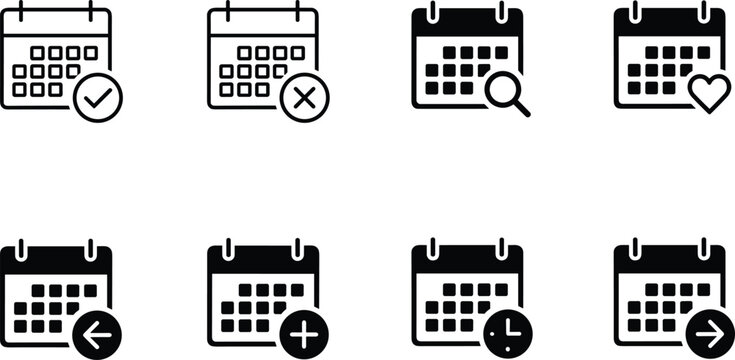 Calendar glyph and outline icon set of schedule planners, date reminder symbols, event organizer signs, isolated vector illustration