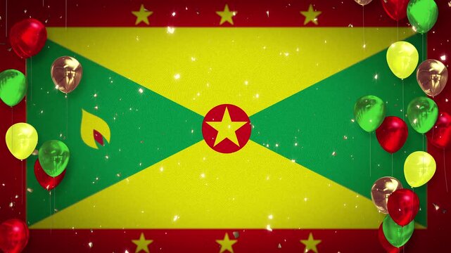 Looping 4K video. Grenada flag. Background for anniversaries and events. Animation. Background with sparkling confetti. Three balloons in red, yellow, and green. Video with copy space. Grenada