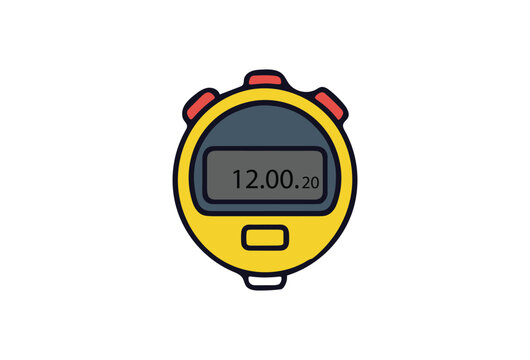 Yellow stopwatch, digital timer, sports icon, vector clock