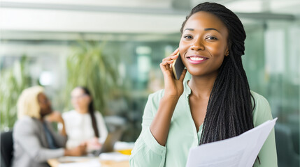 Fototapeta premium Businesswoman speaking on the phone in a modern office, smiling professional holding documents, blurred colleagues in background, bright corporate workspace, with copy space