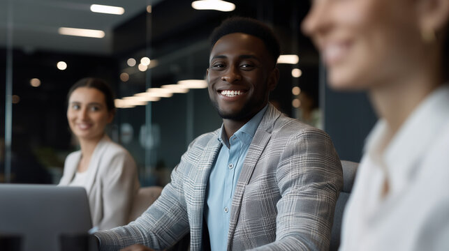 Business team meeting with young man in checkered blazer and blurred female colleague in foreground, modern office collaboration, realistic corporate consultation photography A rea