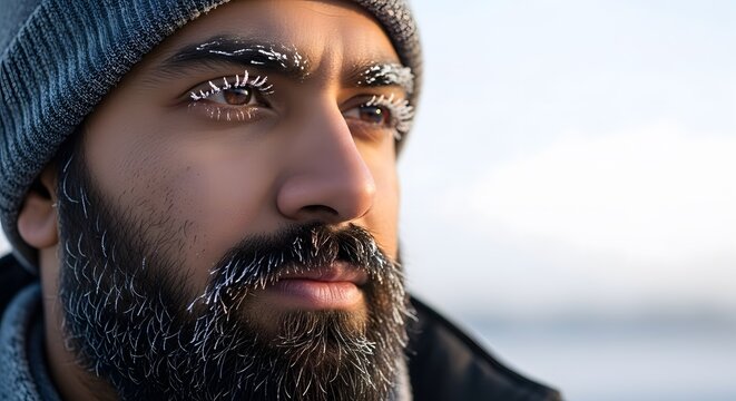 Portrait of man with frost on beard and eyelashes in extreme cold