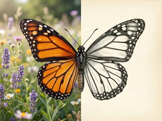 Monarch butterfly half photo half sketch nature illustration