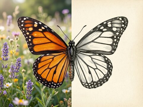 Monarch butterfly half photo half sketch nature illustration