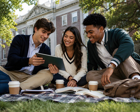 Group of diverse happy college students sitting on a lawn with tablet and textbooks, studying together on university campus, back to school and education concept