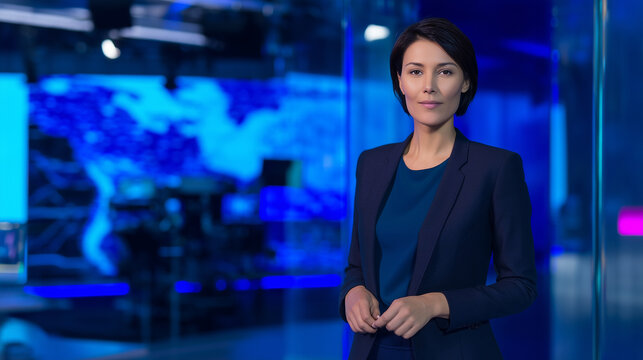 Professional female TV presenter in a blue-lit newsroom studio, live news broadcast atmosphere, digital screens and studio lights, realistic editorial media photography copy space