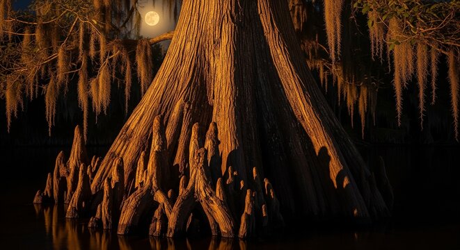 A close-up shot of a large Cypress tree trunk with unique "cypress knees" roots growing out of the dark swamp water, illuminated by warm light under a full moon