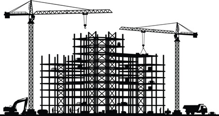 Construction, site, silhouette, building, cranes, workers, scaffolding, framework, excavator, truck, machinery, industry, engineering, developer, property, real, estate, project, vector, illustration, © SUMAIYA