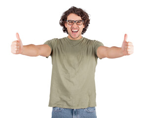 Naklejka premium Excited young man shows thumbs up positive gesture, looking overjoyed to camera. Casual guy, curly hair wearing glasses gives approval symbol isolated on transparent background