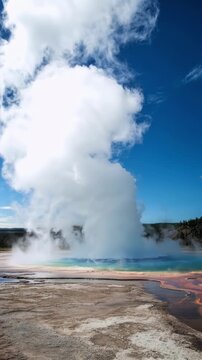 Grand Prismatic Spring with steaming geothermal pool and colorful mineral crust in Yellowstone