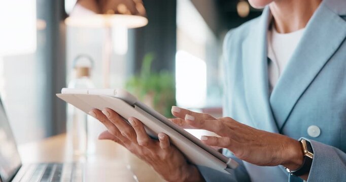 Typing, hands or business person with tablet in cafe, remote work or review for expenses evaluation. Coffee shop, scroll or financial planner with email for wealth generation idea, freelancer or tech