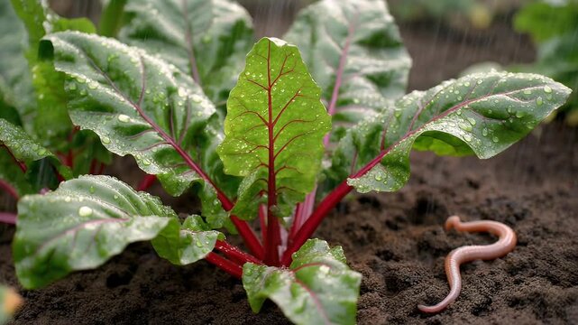 Fresh Swiss Chard Plant Growing In Garden Bed.