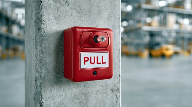 Red fire alarm pull station mounted on concrete pillar.