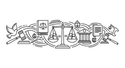 Naklejka premium Legal justice system icons in linear sketch style.