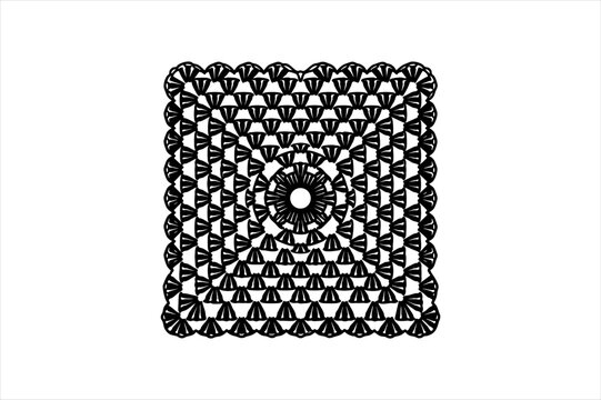 Black and white square crochet doily or granny square pattern graphic with knitting handmade needlework