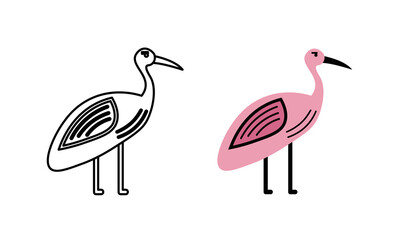 Fototapeta premium Flat Outline and Colored Crane Bird Icon