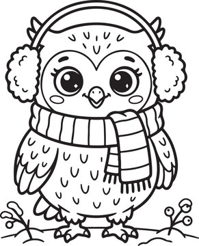 Cute owl wearing earmuffs and scarf coloring page. Winter bird line art illustration for kids. Black and white vector coloring book page for children. Preschool educational activity. Forest animal 