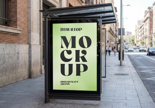 Vertical bus stop billboard mockup at a city shelter on a sidewalk street with historic buildings background