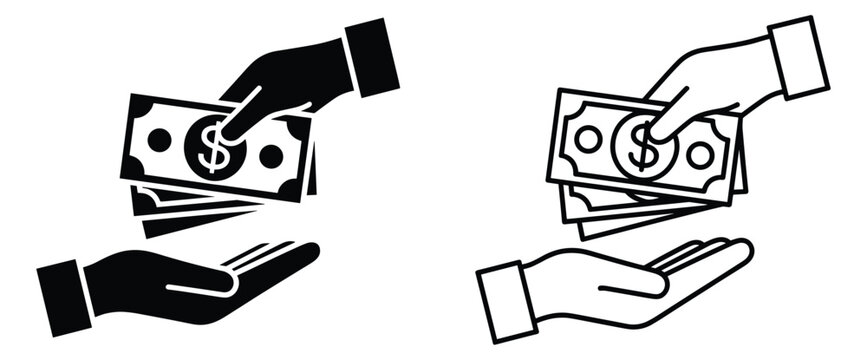 Hands Exchanging Money: A simple, clean graphic showing two hands in a transaction, one offering a stack of banknotes and the other receiving them, symbolizing payment or transfer of funds.
