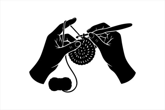 Close up illustration of hands holding a crochet hook while working on a round project with yarn, knitting