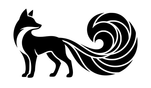 Stylish Fox Silhouette Illustration with Decorative Curved Tail and Minimal Animal Logo Design