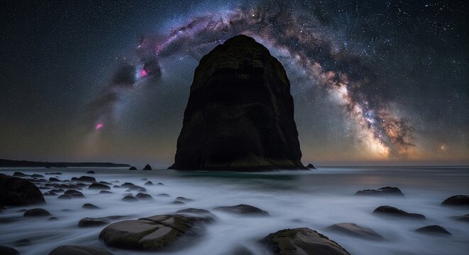 A dramatic coastal night scene featuring a massive dark sea stack rock in the ocean, framed by a perfect arch of the Milky Way galaxy under a starry sky.