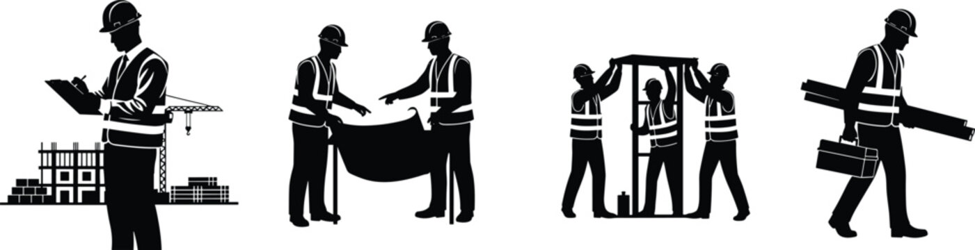 Silhouette set of construction engineers and workers, industrial site contractors reviewing blueprint plans, building foreman vector graphic illustration