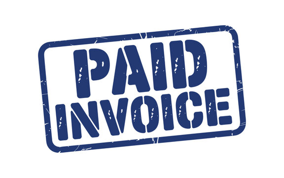 Paid invoice stamp, blue grunge rubber stamp graphic, confirming payment and financial transaction completion, business document seal, vector.