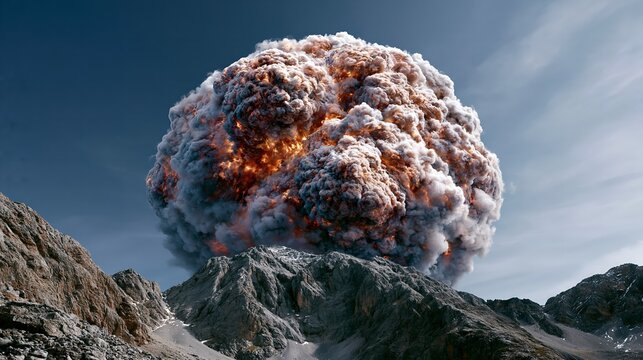 Volcanic explosion erupts from mountain peak.
