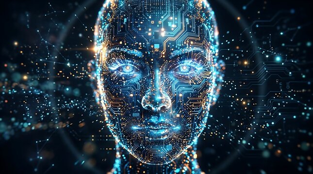 Abstract digital human face with glowing circuits and particles.
