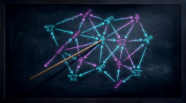Neon chalk network diagram pointed at by pointer stick on dark blackboard with symbolic cultural icons